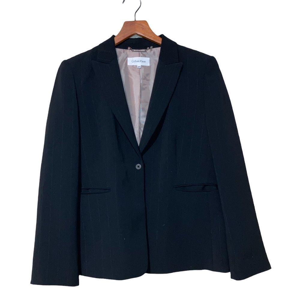 Calvin Klein Womens Black Pinstriped Blazer 14P